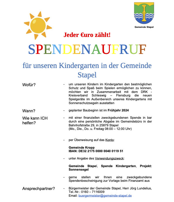 Spendenaufruf für unsere KiTA Gemeinde Stapel
